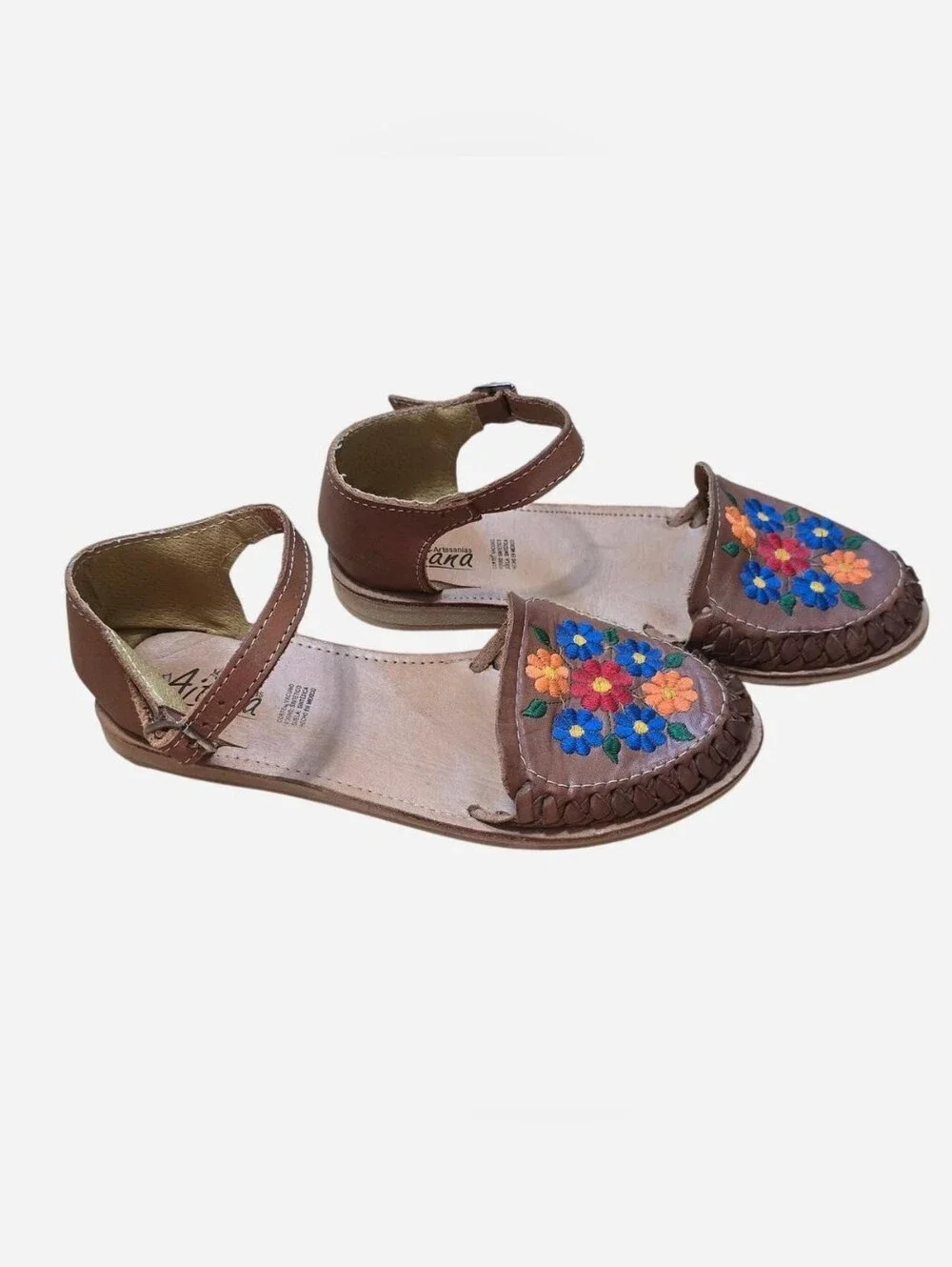 Handcrafted Brown Leather Espadrilles with Floral Embroidery